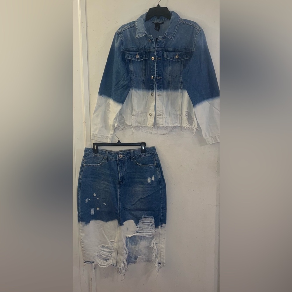 Blue and White Denim Jacket and Skirt Set